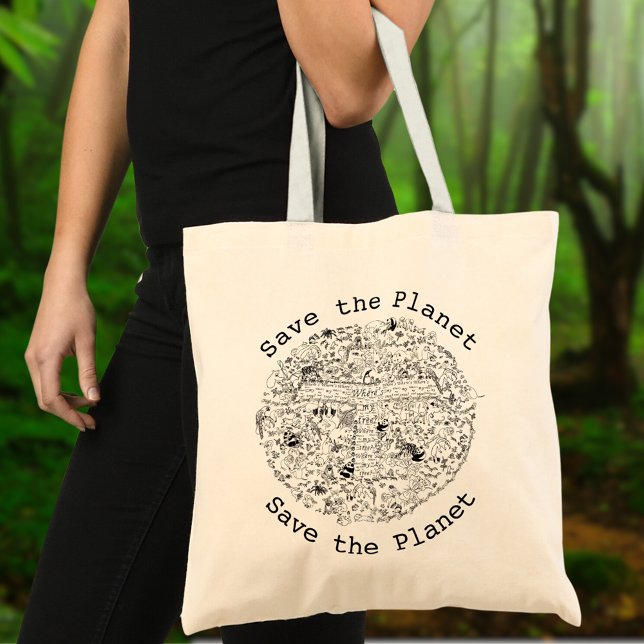 Save Planet Earth Endangered Animals & Trees Art Tote Bag (Save the planet animal earth line art tote bag)