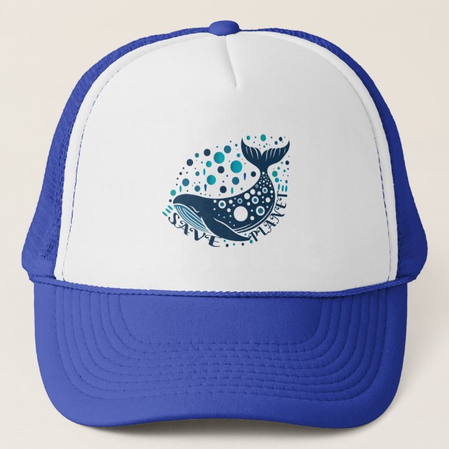 Save planet whale artwork for eco awareness trucker hat (Front)