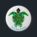 Save Sea TURTLES -Endangered animal graphic - 6 Cm Round Badge<br><div class="desc">The green sea turtle is found in tropical and sub-tropical waters of the Pacific and Atlantic Oceans. Endangered status due to degradation of their marine environment, harvesting of their meat and eggs, disease and accidental death from fisheries by-catch. Buy an endangered green sea turtle button with 25% of sales donated...</div>