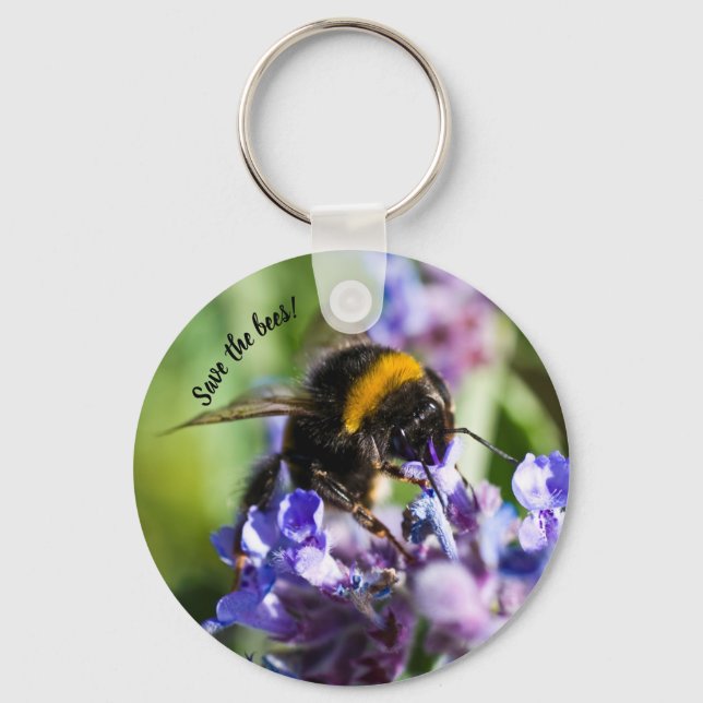 "Save the Bees" Bee on a purple flower Key Ring (Front)