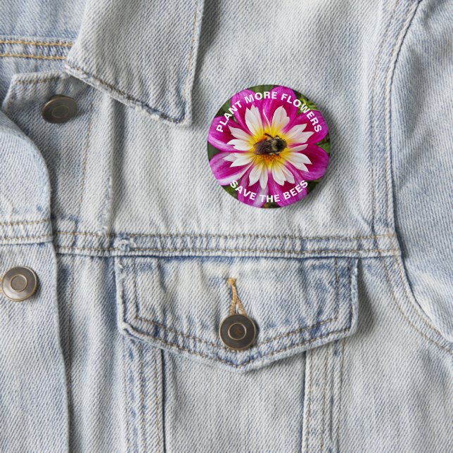 Save the Bees Bumblebee on Pink Dahlia Flower 6 Cm Round Badge (In Situ)