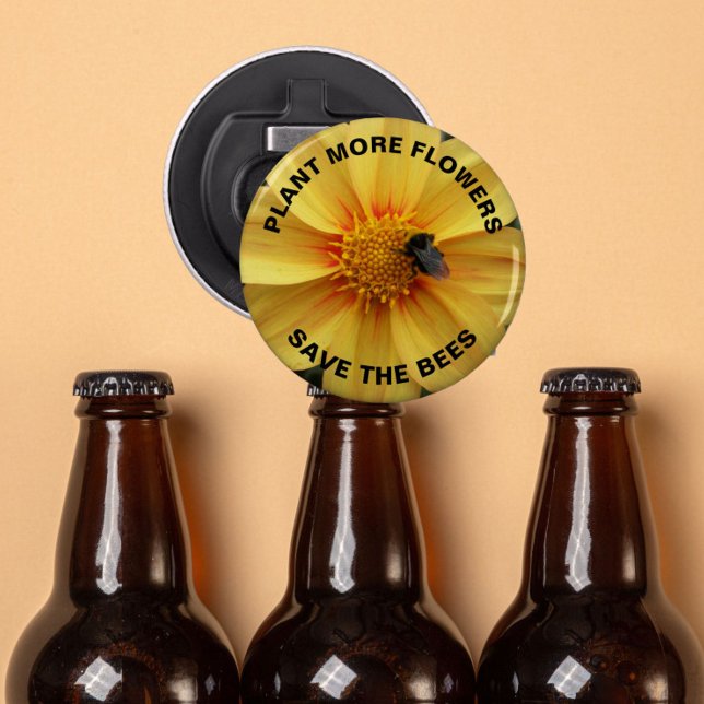 Save the Bees Bumblebee on Yellow Dahlia Flower Bottle Opener (In Situ Beer Bottles)