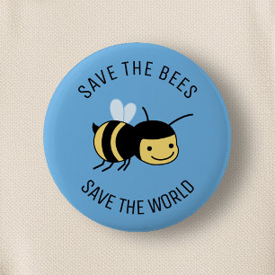 Save the Bees, Happy Little Bee on Blue 6 Cm Round Badge