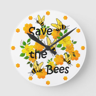 Save the bees, Honeycomb and Yellow Flowers Round Clock