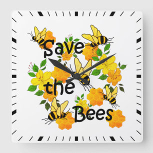 Save the bees, Honeycomb and Yellow Flowers  Square Wall Clock
