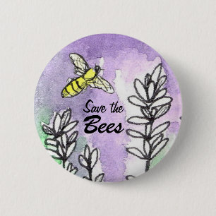 Save The Bees Lavender Flower Watercolor 6 Cm Round Badge