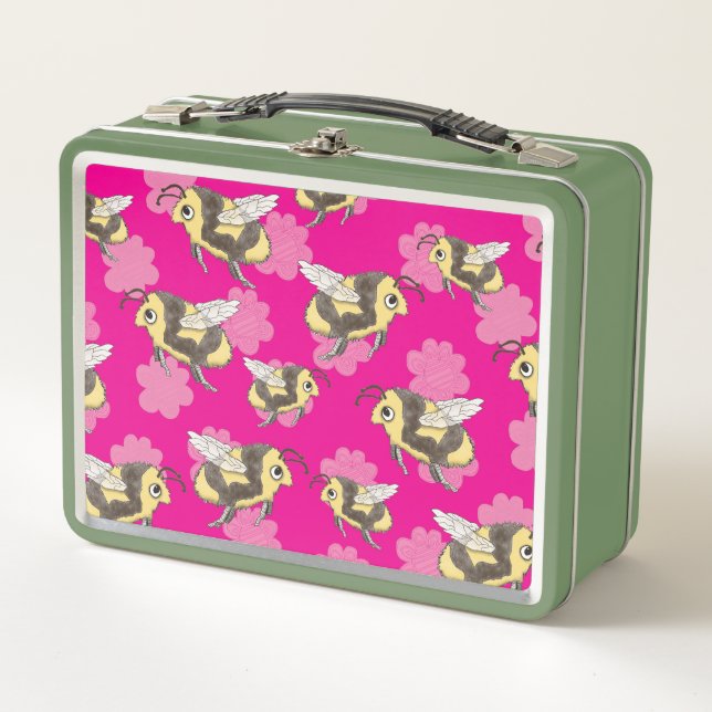 Save the Bees on Pink Floral background Metal Lunch Box (Front)