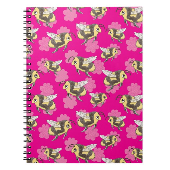 Save the bees on pink floral background notebook (Front)