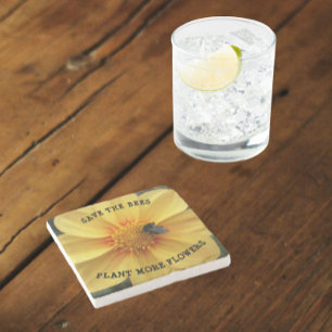 Save the Bees Yellow Dahlia Floral Stone Coaster