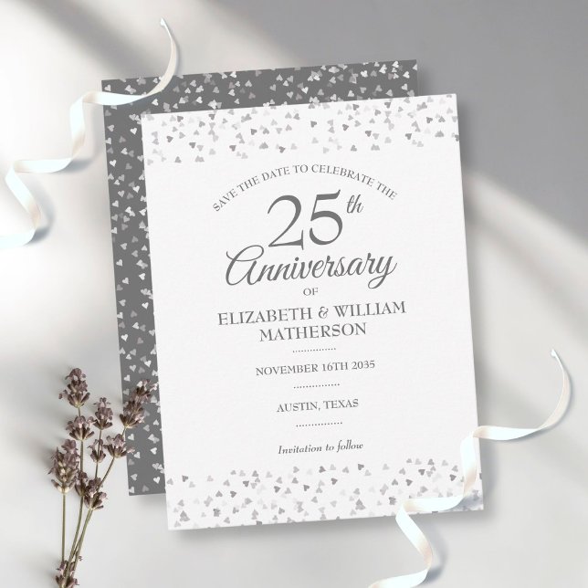 Save the Date 25th Anniversary Silver Love Hearts Postcard (Creator Uploaded)