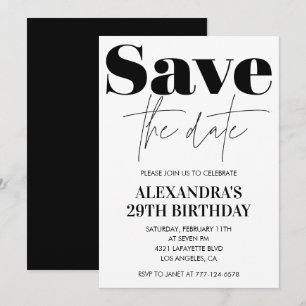 Save the date 29th birthday invitation Black White