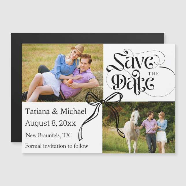 save the date 2 photos coquette bow magnetic card (Front/Back)