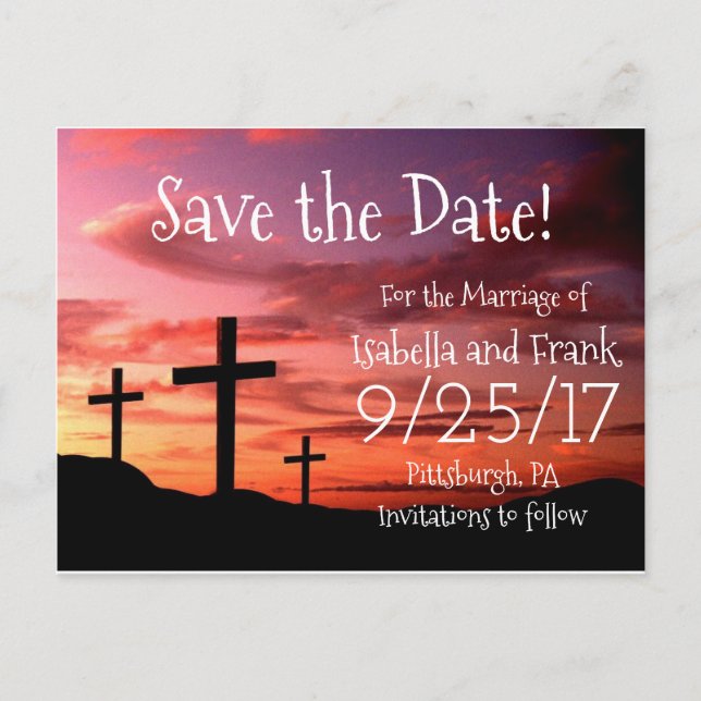 Save The Date - 3 Cross Religous Sunset Postcard (Front)