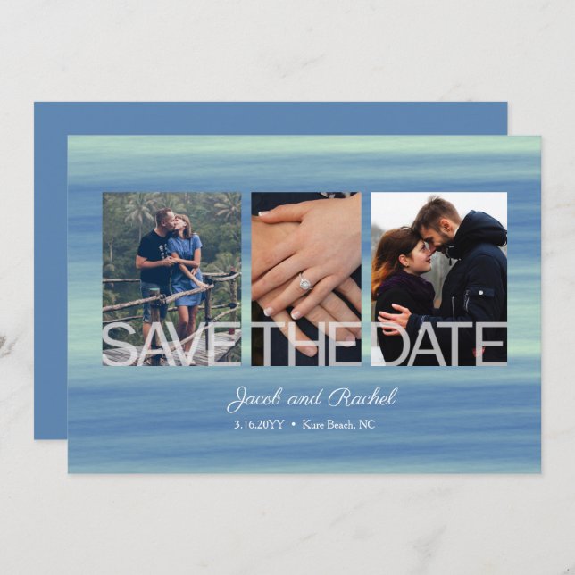 Save the Date 3-Photo Collage Blue Beach Wedding (Front/Back)