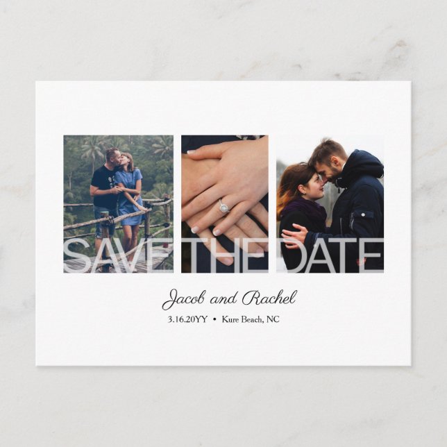 Save the Date 3-Photo Collage Simple White Wedding Postcard (Front)