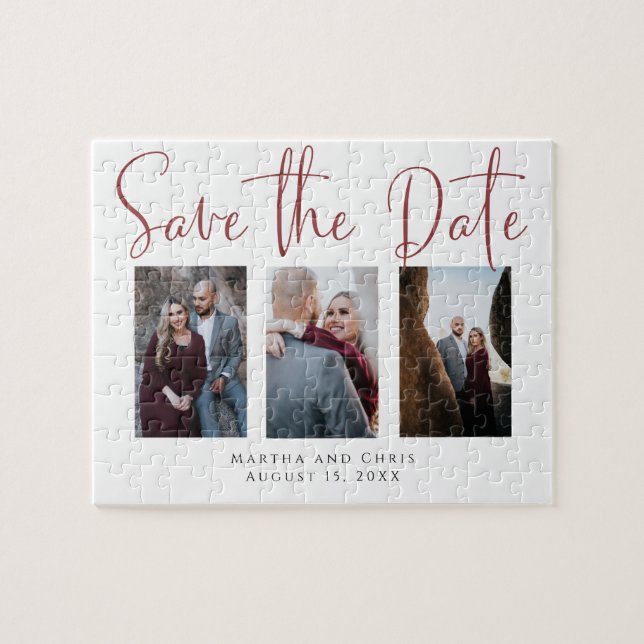 Save the Date 3 Photo Wedding Custom Engagement Jigsaw Puzzle (Horizontal)
