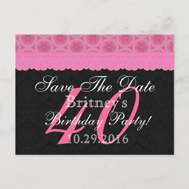 Save the Date 40th Birthday Pink and Black Lace Announcement Postcard (Front)