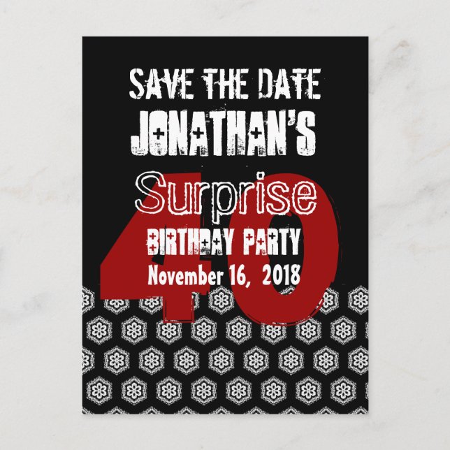 Save the Date 40th SURPRISE Birthday Party B001 Announcement Postcard (Front)