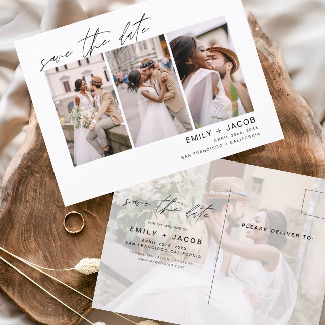 Save the Date 4 Photo Elegant Editable  Postcard (Creator Uploaded)