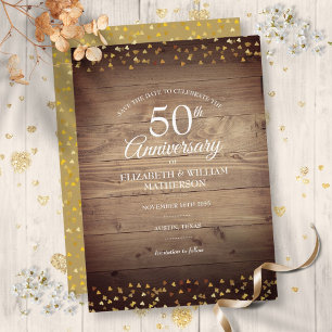Save the Date 50th Anniversary Rustic Gold Hearts Invitation
