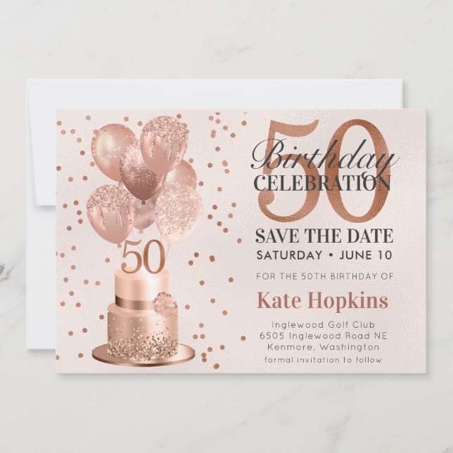 Save The Date 50th Birthday Rose Gold Cake (Front)