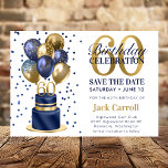 Save The Date 60th Birthday Navy Blue Balloon Cake<br><div class="desc">This fabulous men's 60th birthday party Save the Date card featuring a 2-layer navy blue and gold cake with navy blue and gold balloons, the number 60 in gold and shiny blue confetti would be perfect for asking people to put this special date aside for the upcoming 60th Birthday Party....</div>