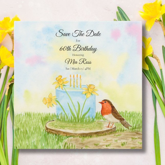 Save The Date 60th Birthday Robin Daffodil Cake (Creator Uploaded)