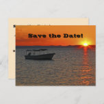 Save the Date 70th Birthday Party, Fishing Boat Announcement Postcard<br><div class="desc">A photograph of a silhouette of a fishing boat at sunset, with a vivid orange sky, decorates this unique and fun 70th Birthday "Save the Date" postcard announcement. The reverse has black lettering on an ivory background. You can easily CHANGE the NAME, AGE, EVENT, DATE, etc. Original photograph by Marcia...</div>