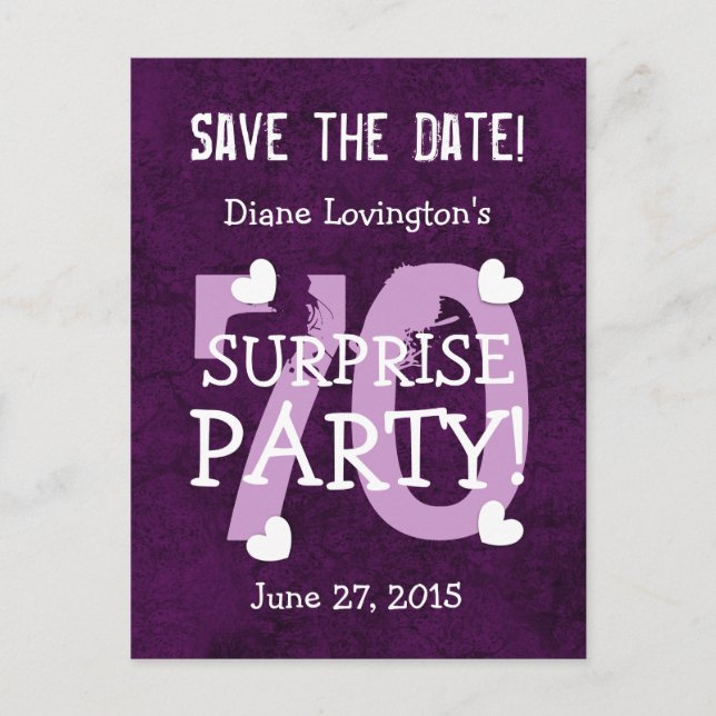 Save the Date 70th Surprise Birthday S70A PURPLE Announcement Postcard (Front)