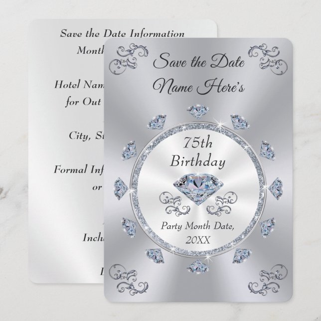 Save the Date 75th Birthday Party, Diamond Jubilee Invitation (Front/Back)