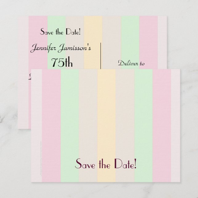 Save the Date 75th Birthday Party, Pastel Stripes Announcement Postcard (Front/Back)