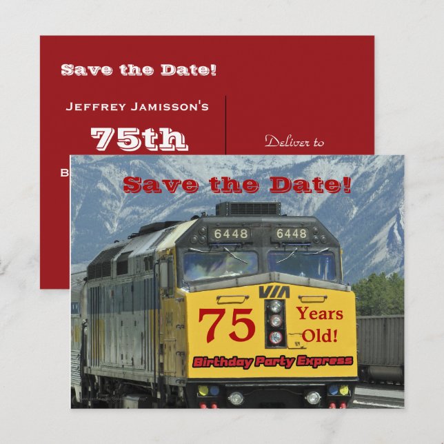 Save the Date 75th Birthday Party Postcard Train (Front/Back)