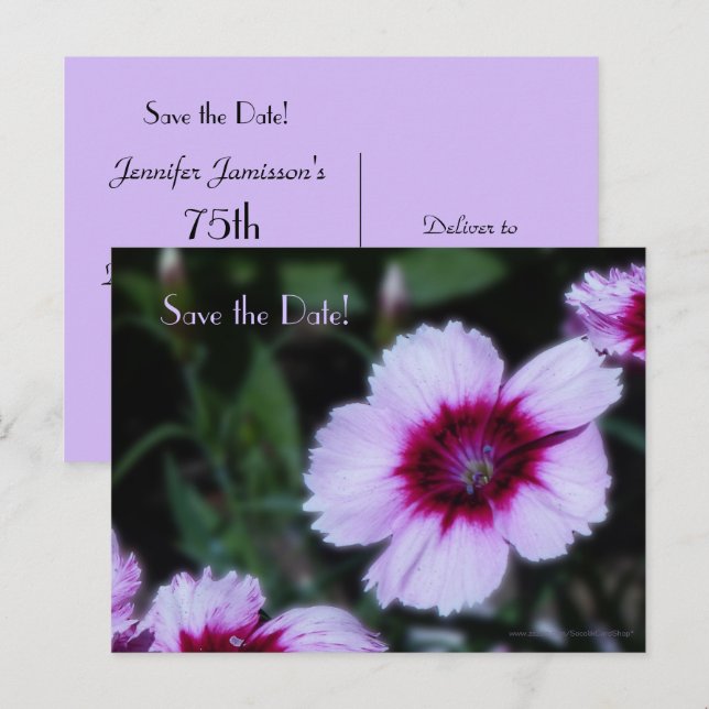 Save the Date 75th Birthday Purple Flower Postcard (Front/Back)