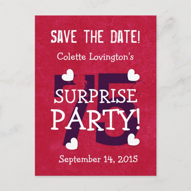 Save the Date 75th Surprise Birthday S75B RED Announcement Postcard (Front)