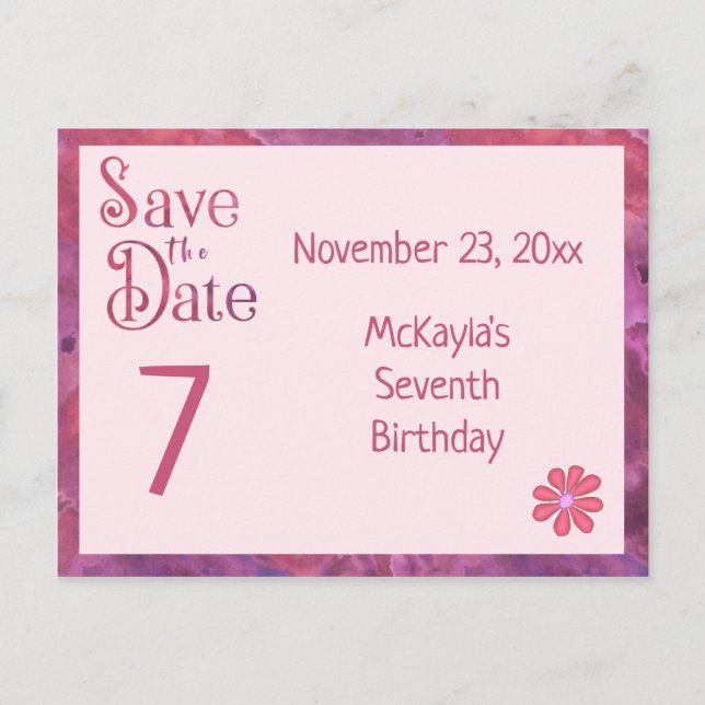 Save the Date 7th Birthday for a Girl Announcement Postcard (Front)