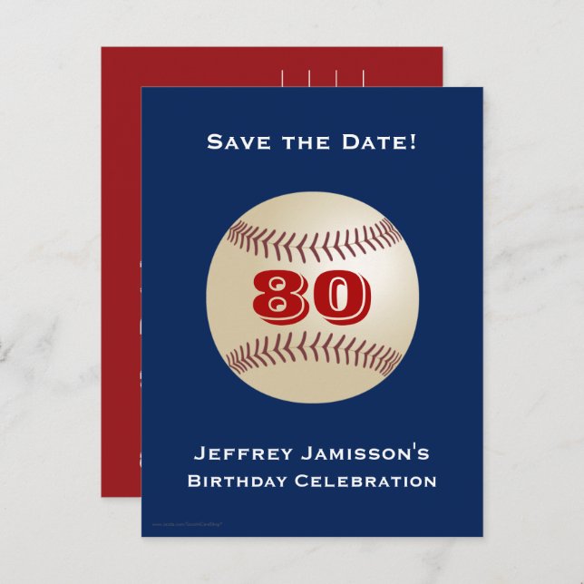 Save the Date 80th Birthday Baseball, Name, Blue Announcement Postcard (Front/Back)
