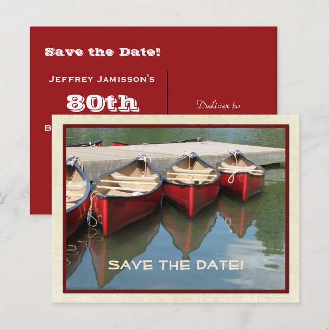 Save the Date 80th Birthday Red Canoes, Name,   Announcement Postcard (Front/Back)