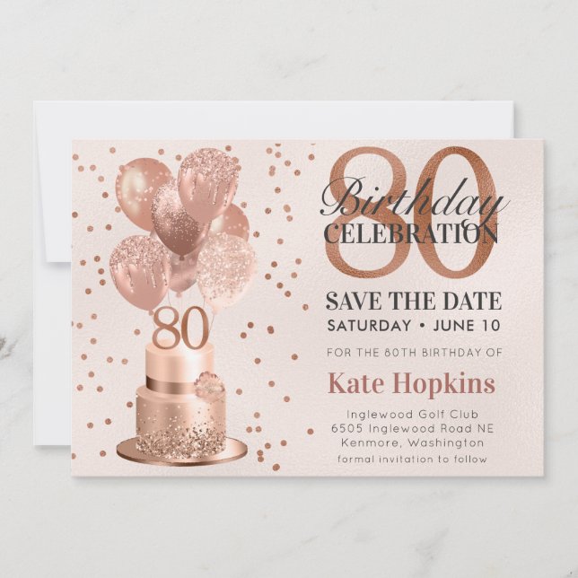 Save The Date 80th Birthday Rose Gold Cake (Front)