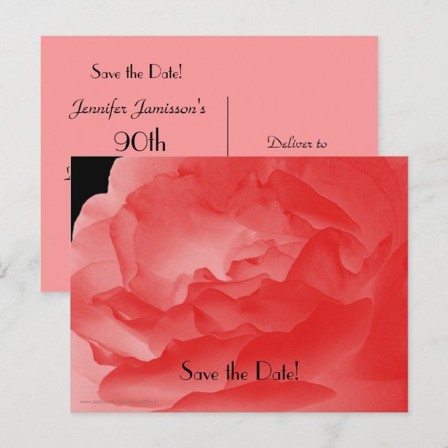 Save the Date 90th Birthday Party, Coral Rose Announcement Postcard (Front/Back)