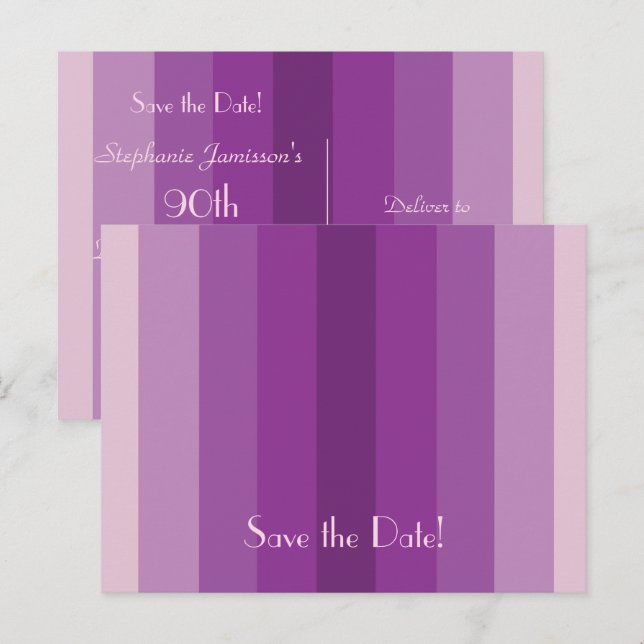 Save the Date 90th Birthday Party, Purple Stripes Announcement Postcard (Front/Back)