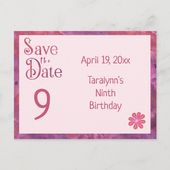 Save the Date 9th Birthday for a Girl Announcement Postcard (Front)