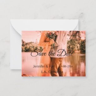 Save the date add couple name place date photo tex card