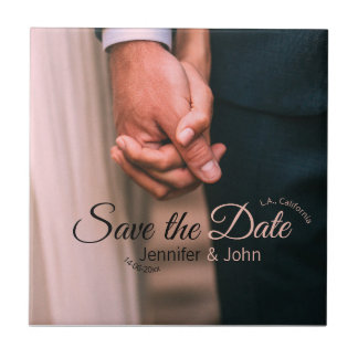 Save the date add couple name place date photo tex ceramic tile