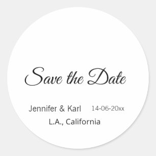Save the date add couple name place date photo tex classic round sticker