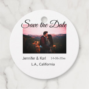 Save the date add couple name place date photo tex favour tags