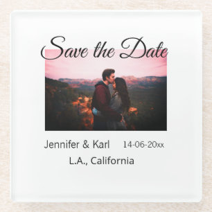Save the date add couple name place date photo tex glass coaster