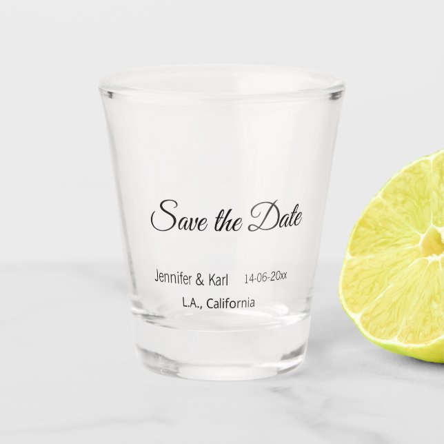 Save the date add couple name place date photo tex shot glass (Front)