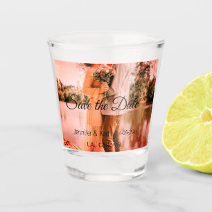 Save the date add couple name place date photo tex shot glass