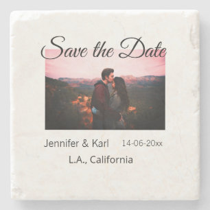 Save the date add couple name place date photo tex stone coaster
