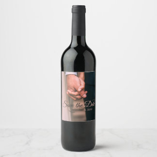 Save the date add couple name place date photo tex wine label